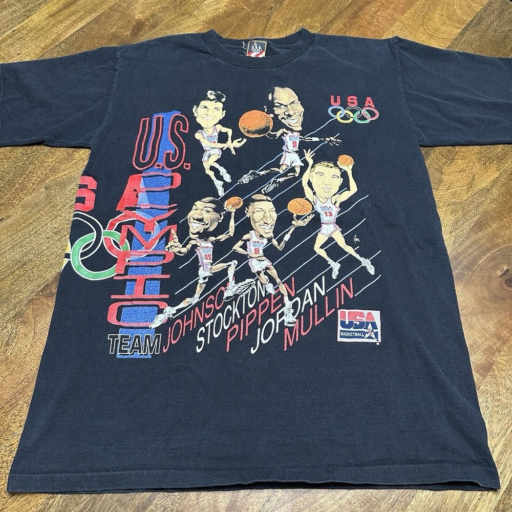 Vintage 1992‎ Olympic Dream Team AOP Jordan Bird Ewing Barkley USA T-shirt M/L